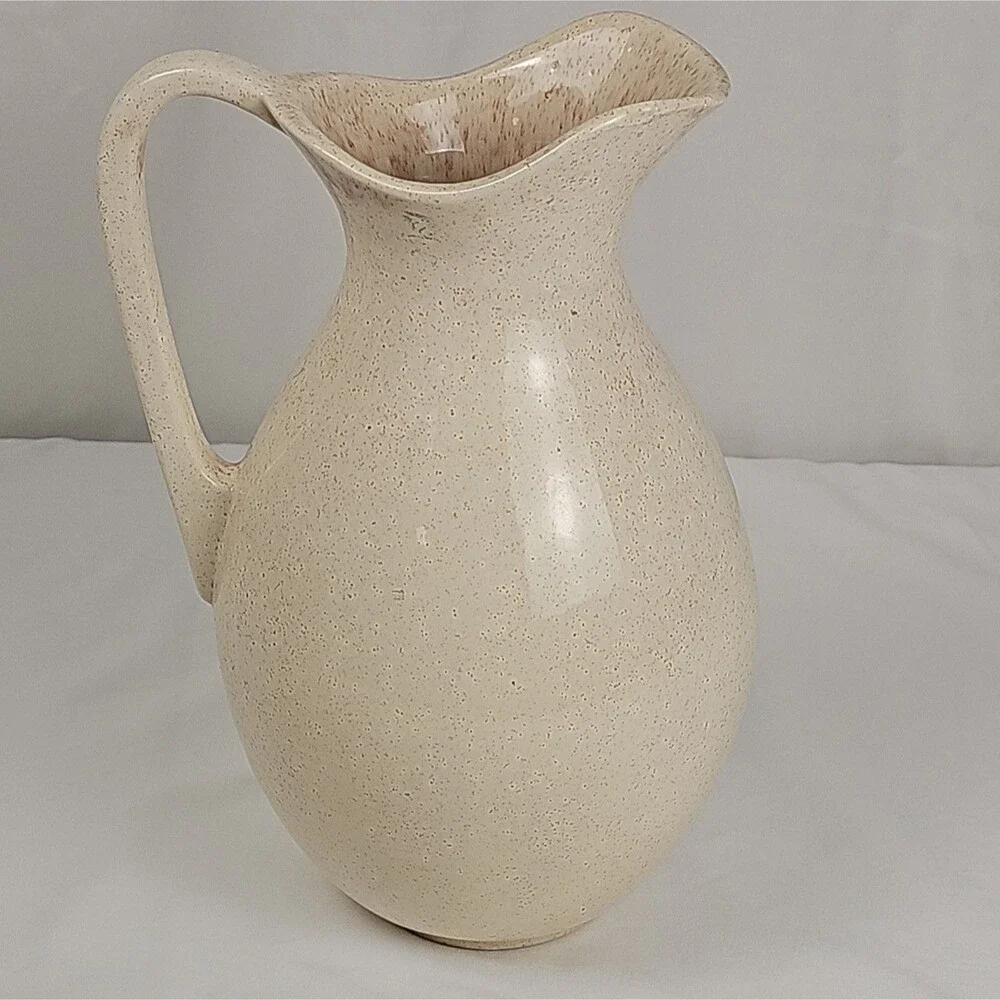 Vintage Speckled Ceramic Pitcher Farm Scene Relief Cream Rustic Country Decor